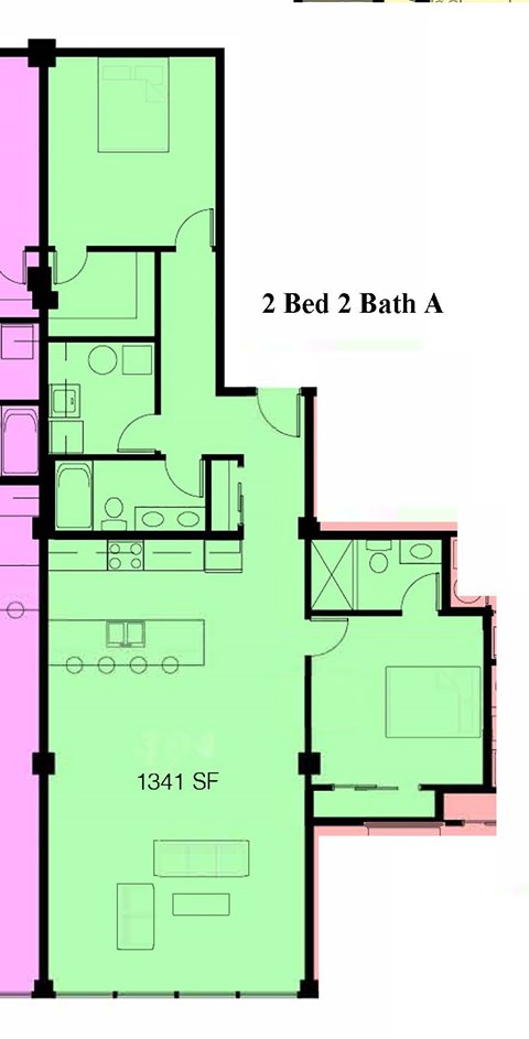 Floor plan for 1 bed, 2 baths, 1344 sqft